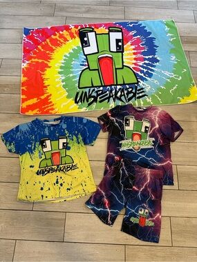 Unspeakable Tie-Dye Beach Towel + Graphic Tee & shirt/Shorts Set size small 8/10